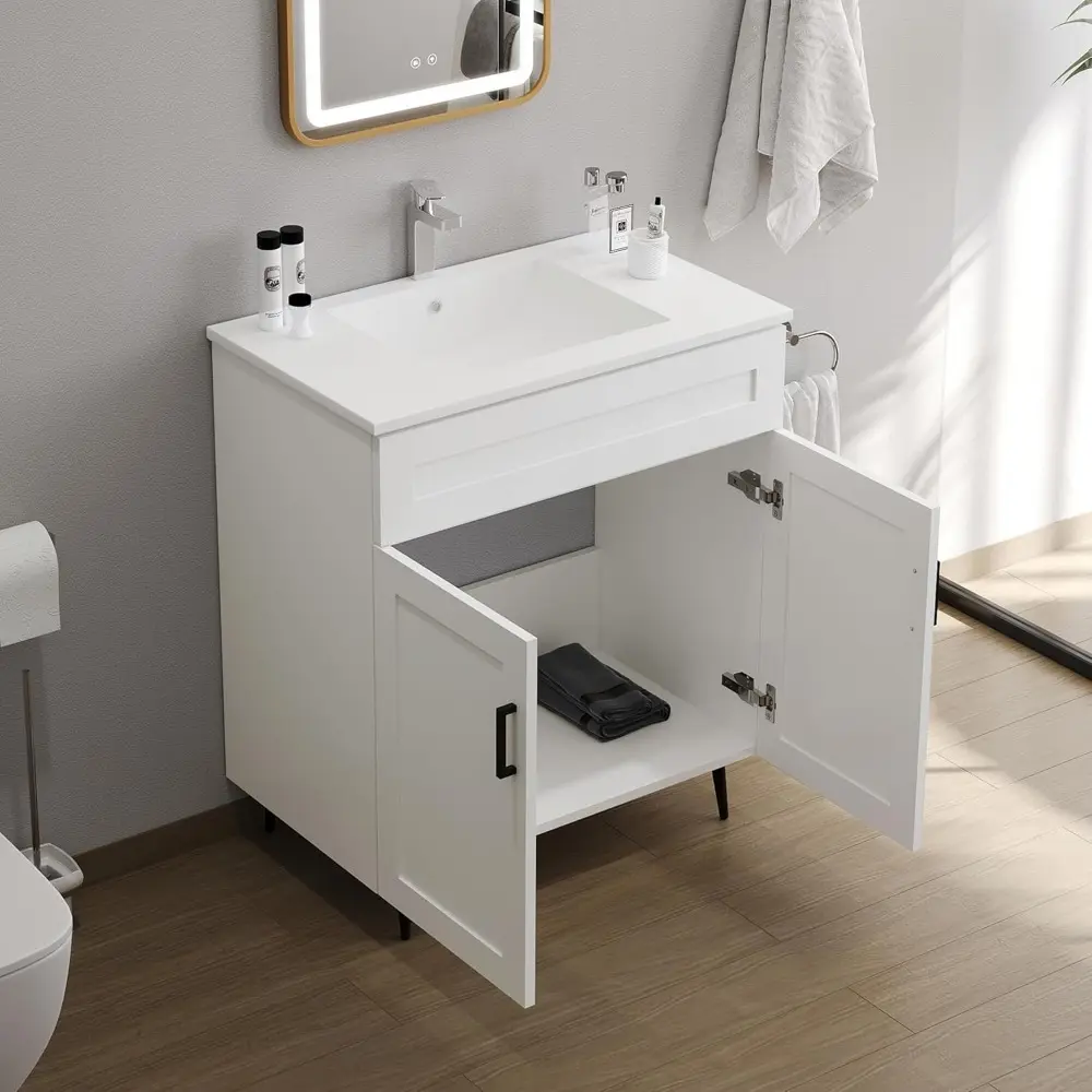 30 Inch Bathroom Vanity with Ceramic Sink, Modern Double Door Wood Storage Cabinet with Metal Legs, Freestanding Vanity Sink Cab