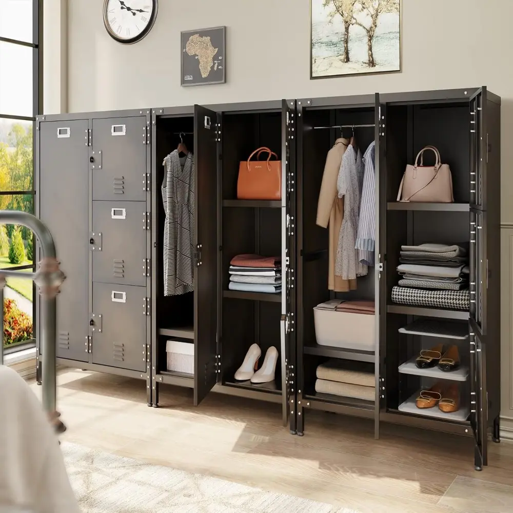 Steel Wardrobe Cabinet Locker, Rustic Metal Storage Cabinet with Shelf, Lockable Doors and Hanging Rod, Industrial Locker for L