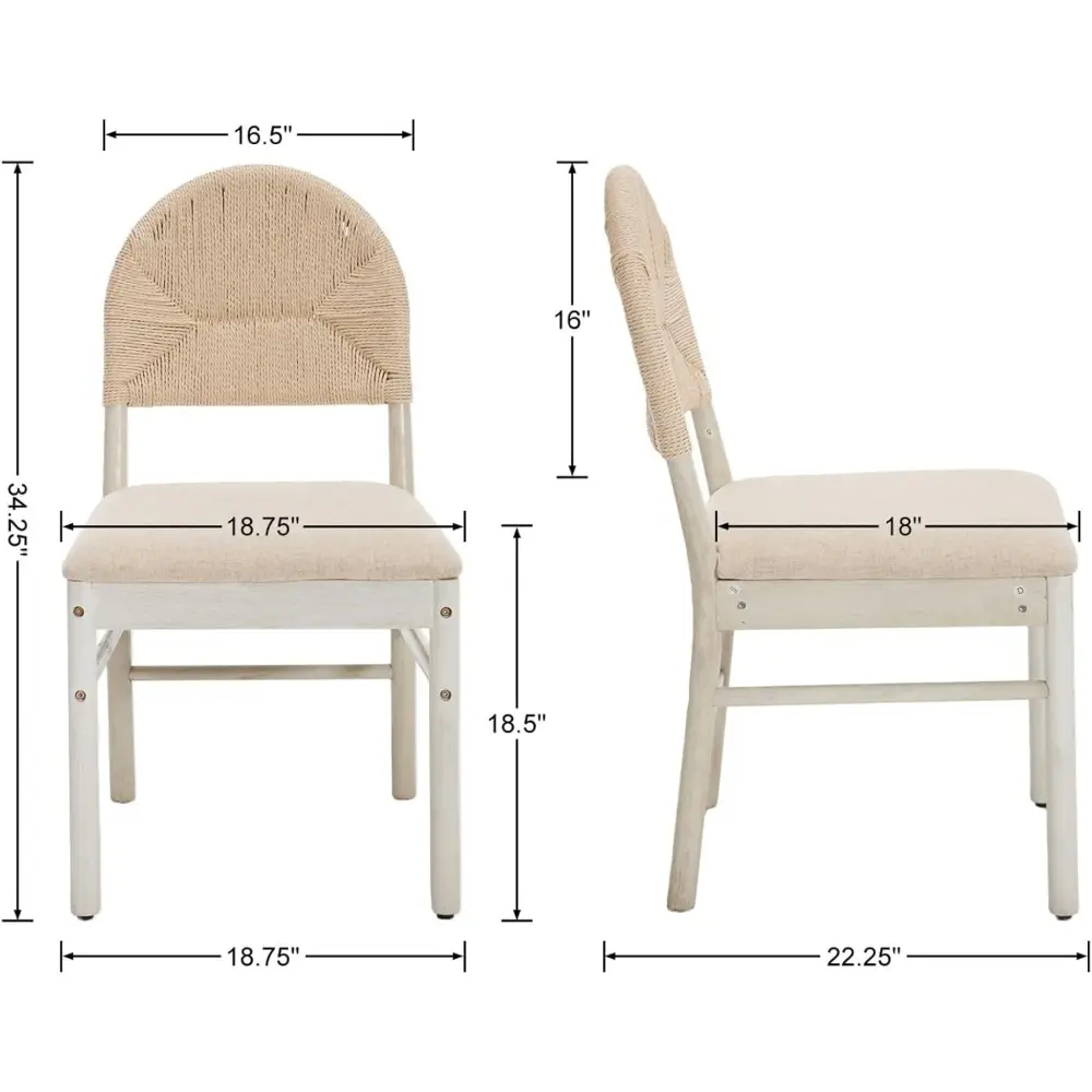 Upholstered Rattan Dining Chairs Set of 4, Farmhouse Boho Linen Kitchen & Dining Room Chairs with Woven Rope Back, Beige Seat &
