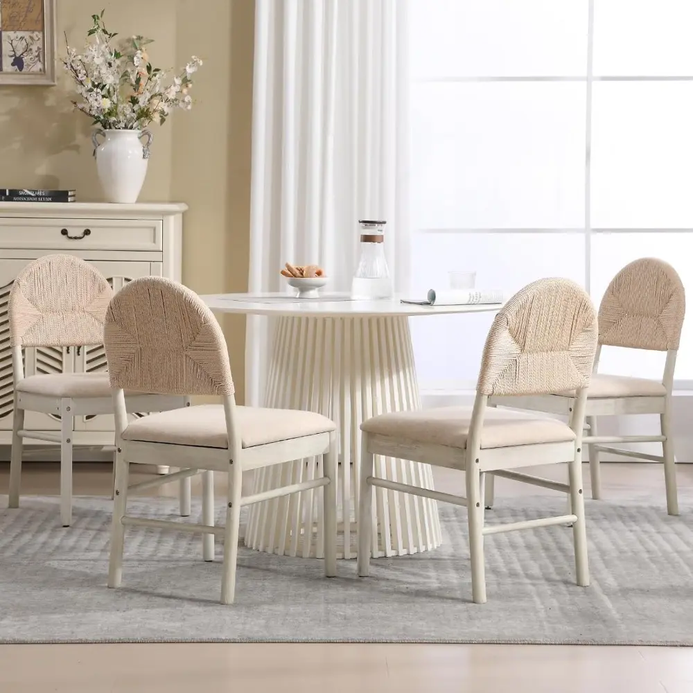 Upholstered Rattan Dining Chairs Set of 4, Farmhouse Boho Linen Kitchen & Dining Room Chairs with Woven Rope Back, Beige Seat &