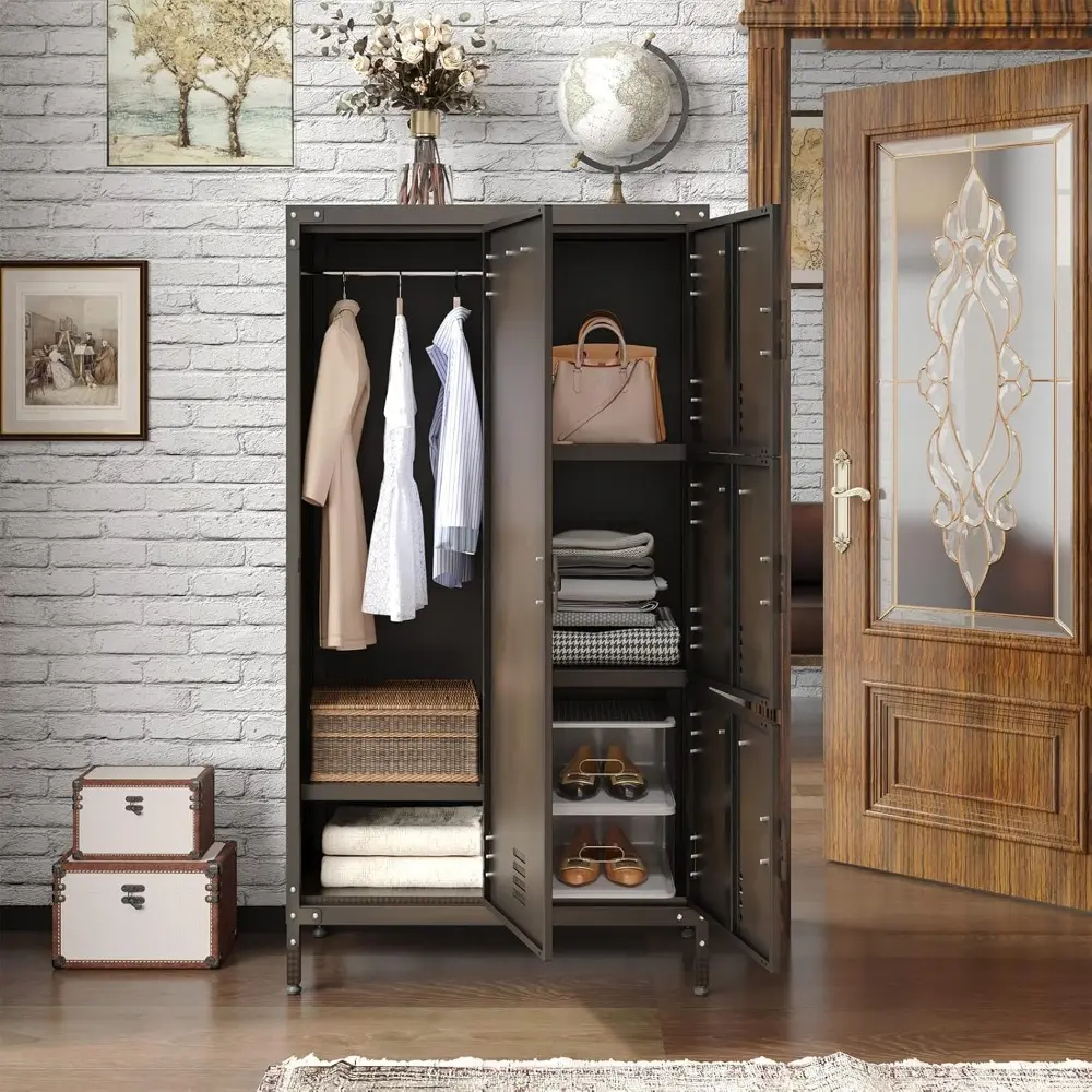 Steel Wardrobe Cabinet Locker, Rustic Metal Storage Cabinet with Shelf, Lockable Doors and Hanging Rod, Industrial Locker for L