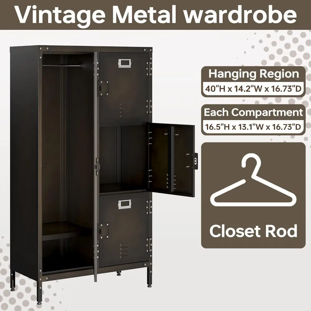Steel Wardrobe Cabinet Locker, Rustic Metal Storage Cabinet with Shelf, Lockable Doors and Hanging Rod, Industrial Locker for L
