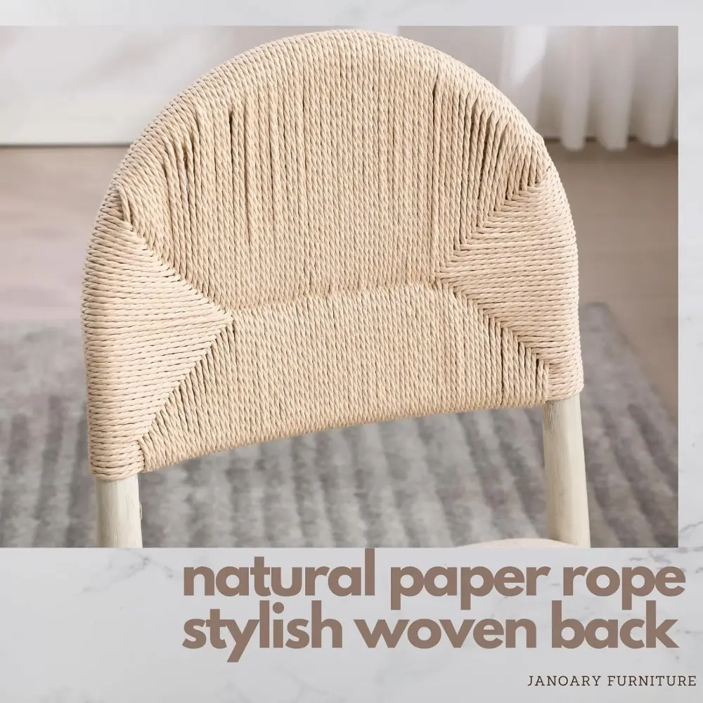 Upholstered Rattan Dining Chairs Set of 4, Farmhouse Boho Linen Kitchen & Dining Room Chairs with Woven Rope Back, Beige Seat &