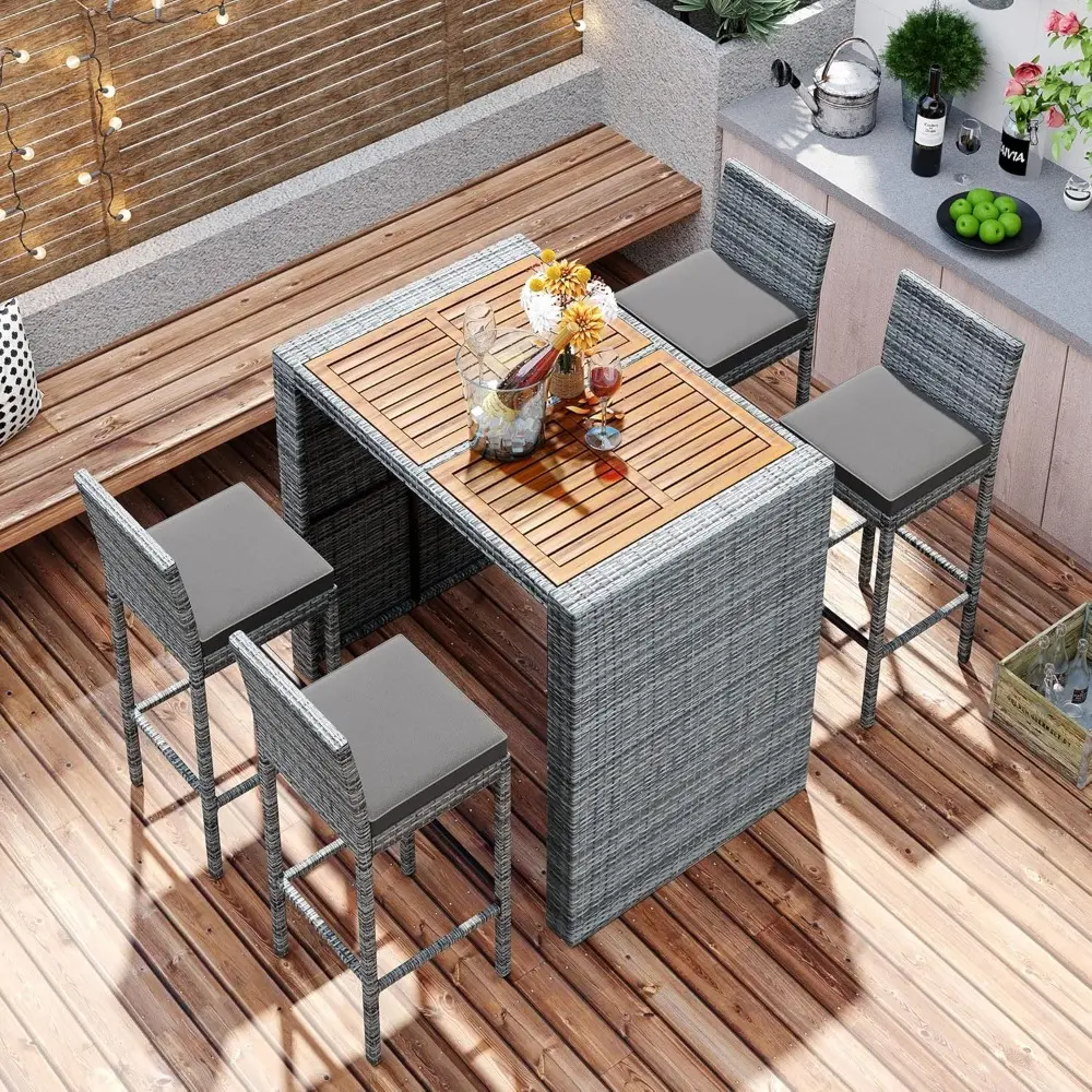 5 Piece Patio Wicker Bar Set, 4 Bar Height Chairs With Non-Slip Feet And Fixed Rope, Outdoor Garden PE Rattan Wicker Bar Set, Mo