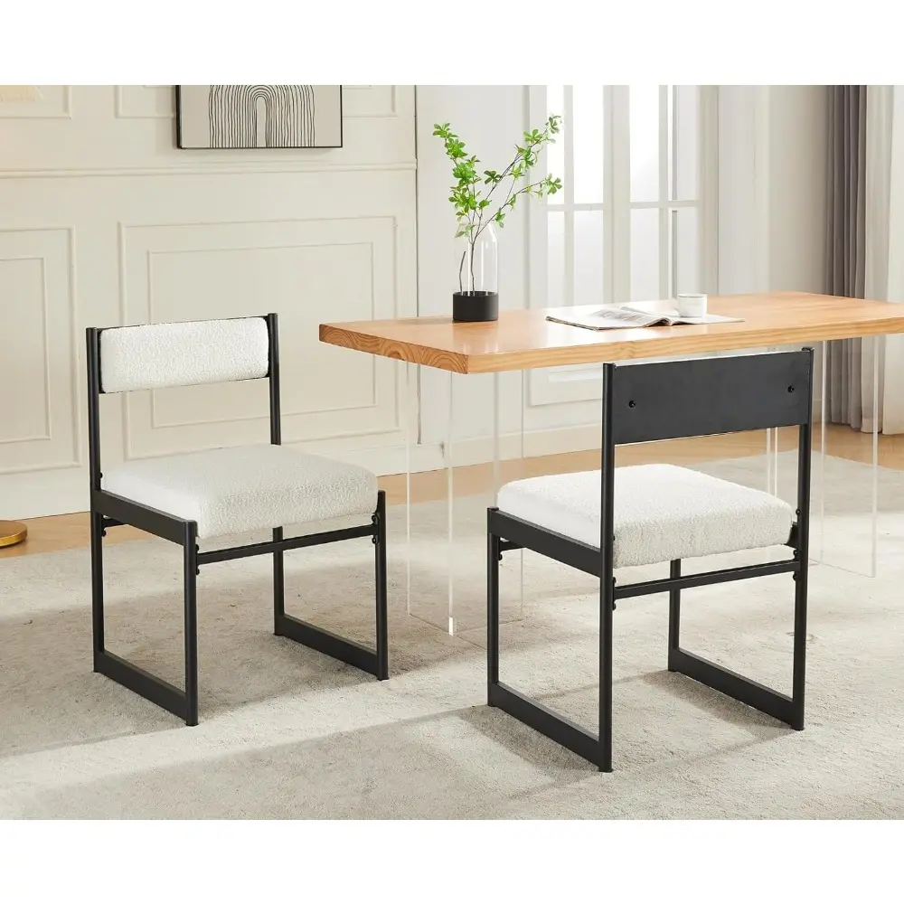 Modern Boucle Dining Chairs Set of 4 Upholstered Fabric Dining Room Chairs with Back/Metal Base Armless Side Chair Industrial Ki