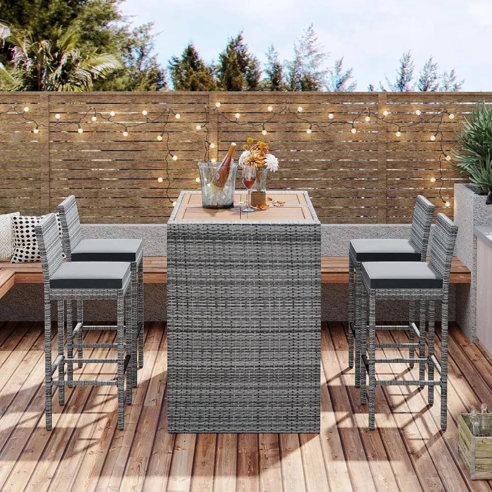 5 Piece Patio Wicker Bar Set, 4 Bar Height Chairs With Non-Slip Feet And Fixed Rope, Outdoor Garden PE Rattan Wicker Bar Set, Mo
