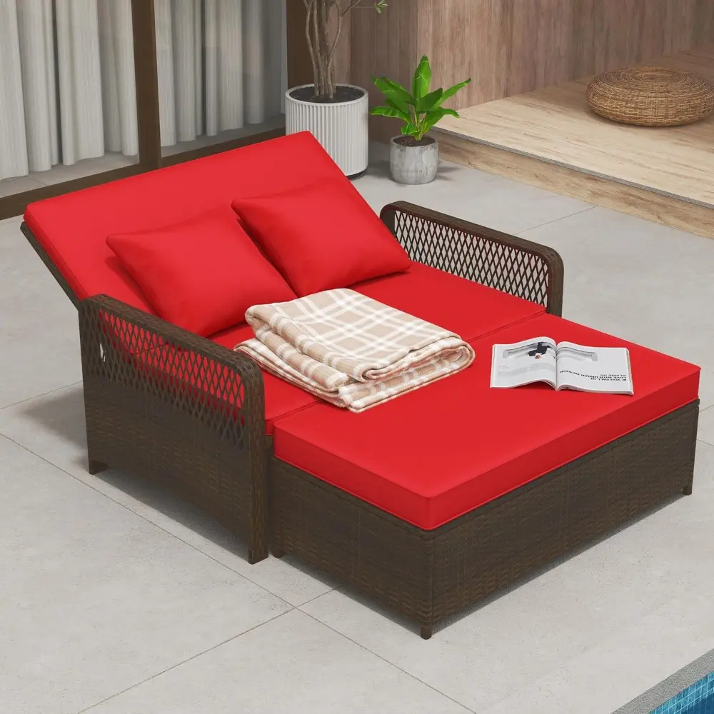 Wicker Patio Outdoor Daybed - Rattan Sunbed Loveseat Sofa Set w/4-Level Adjustable Back, Cushions & Pillows, Storage Ottoman, 2