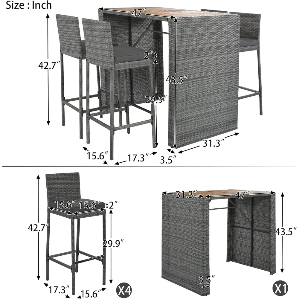5 Piece Patio Wicker Bar Set, 4 Bar Height Chairs With Non-Slip Feet And Fixed Rope, Outdoor Garden PE Rattan Wicker Bar Set, Mo