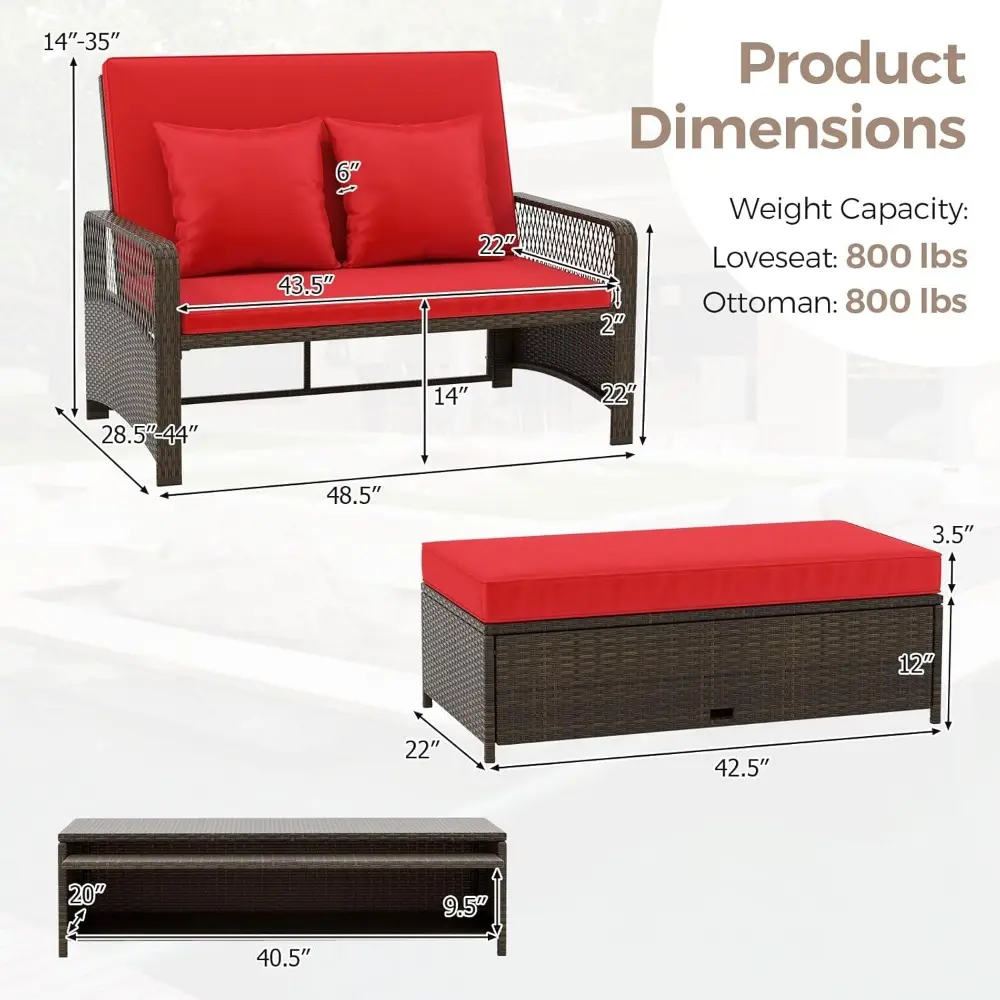 Wicker Patio Outdoor Daybed - Rattan Sunbed Loveseat Sofa Set w/4-Level Adjustable Back, Cushions & Pillows, Storage Ottoman, 2