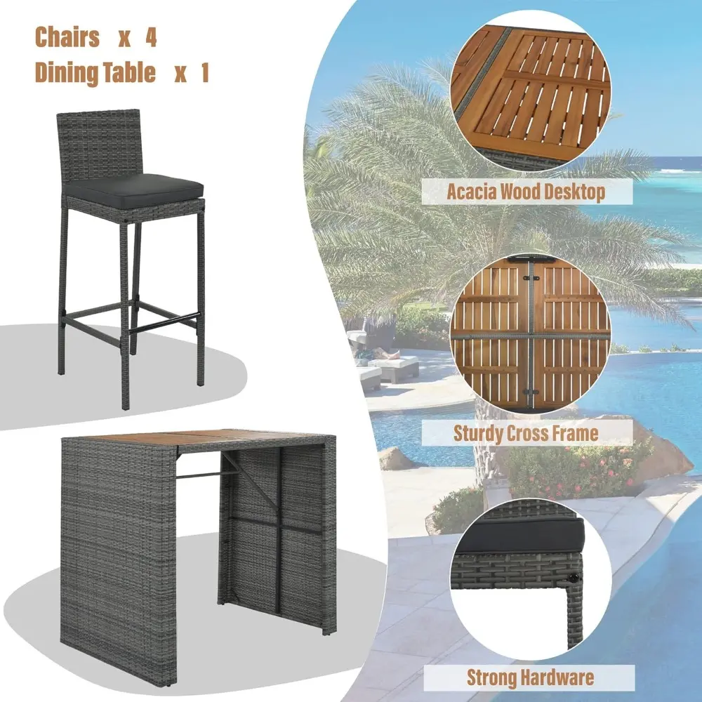 5 Piece Patio Wicker Bar Set, 4 Bar Height Chairs With Non-Slip Feet And Fixed Rope, Outdoor Garden PE Rattan Wicker Bar Set, Mo