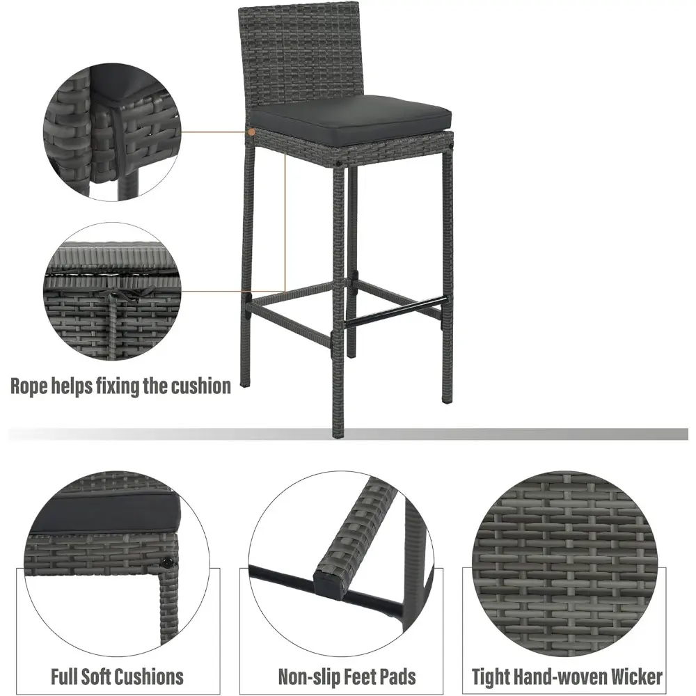 5 Piece Patio Wicker Bar Set, 4 Bar Height Chairs With Non-Slip Feet And Fixed Rope, Outdoor Garden PE Rattan Wicker Bar Set, Mo