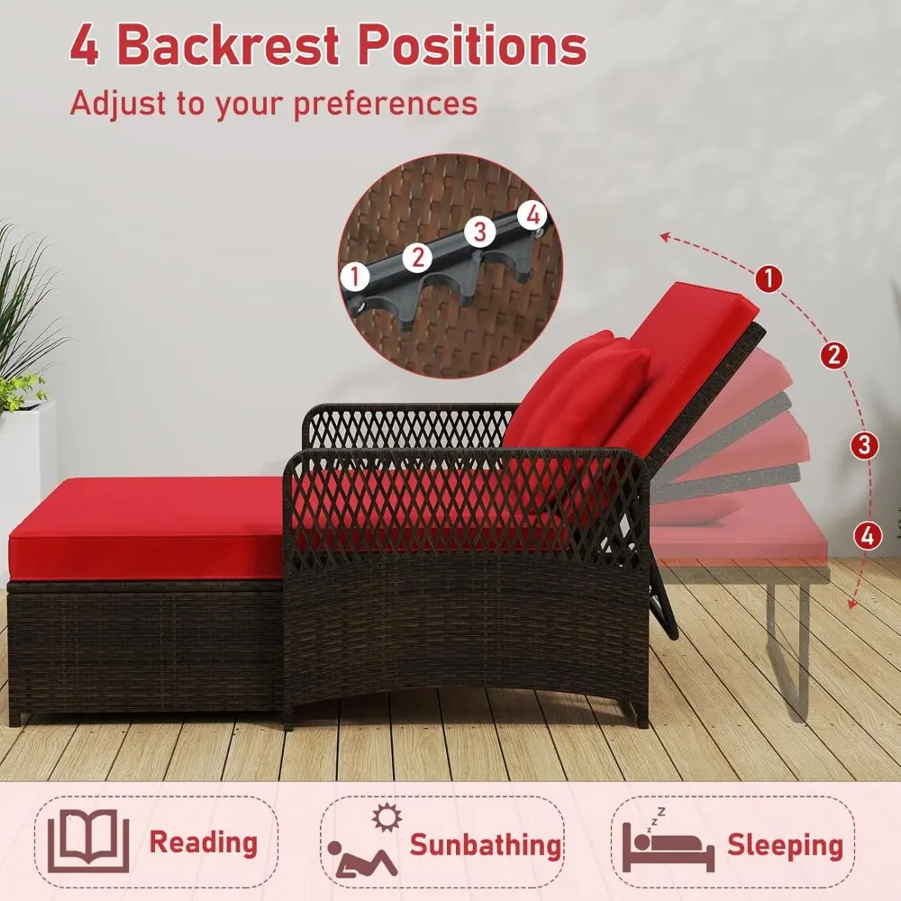 Wicker Patio Outdoor Daybed - Rattan Sunbed Loveseat Sofa Set w/4-Level Adjustable Back, Cushions & Pillows, Storage Ottoman, 2
