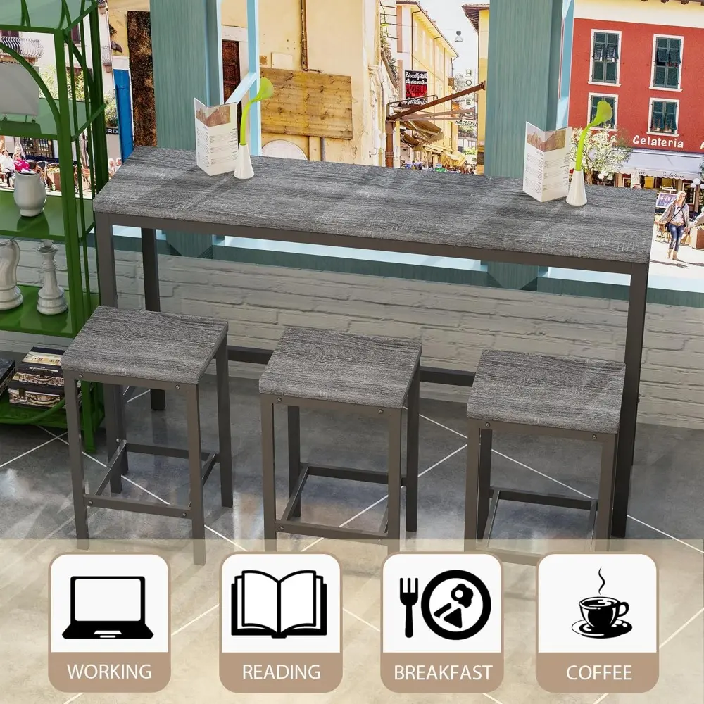 Modern Design 4-Piece Counter Height Extra Long Dining Table Set with 3 Stools and Side Table with Footrest,Space-Saving Pub Ki