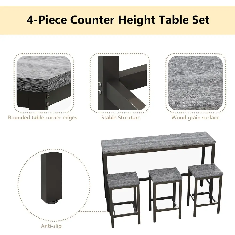 Modern Design 4-Piece Counter Height Extra Long Dining Table Set with 3 Stools and Side Table with Footrest,Space-Saving Pub Ki