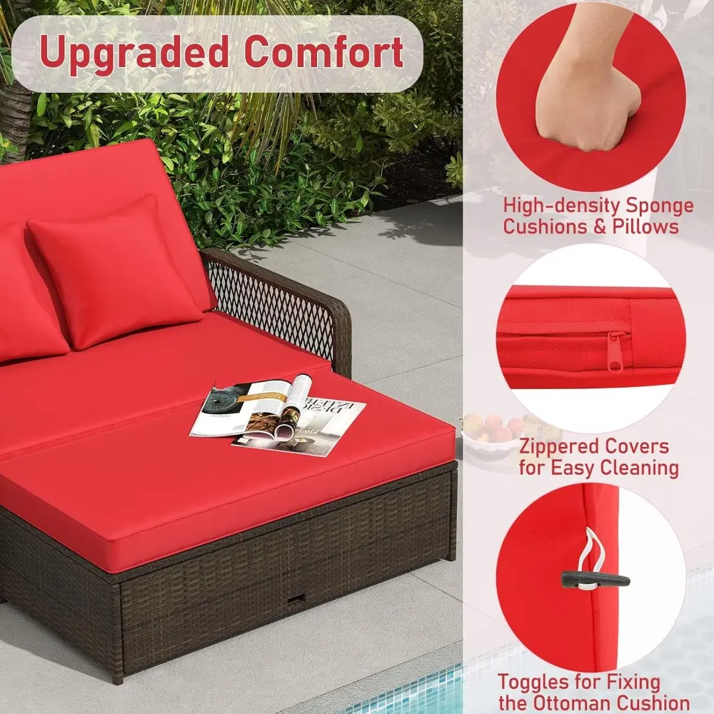 Wicker Patio Outdoor Daybed - Rattan Sunbed Loveseat Sofa Set w/4-Level Adjustable Back, Cushions & Pillows, Storage Ottoman, 2
