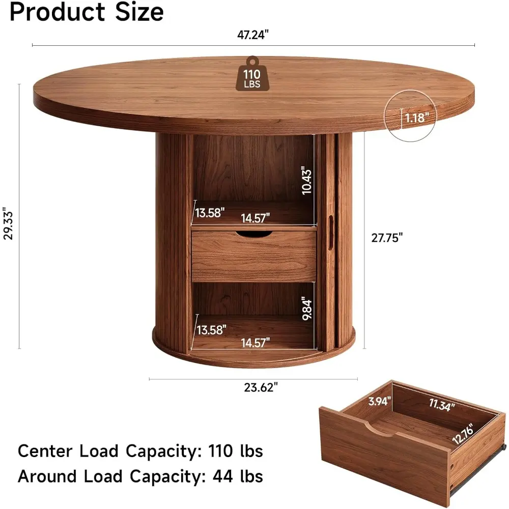 47 inch Round Dining Table for 4, Circle Kitchen Table with 2-Layer Storage Shelf and a Drawer, Modern Farmhouse Dinner Tables w