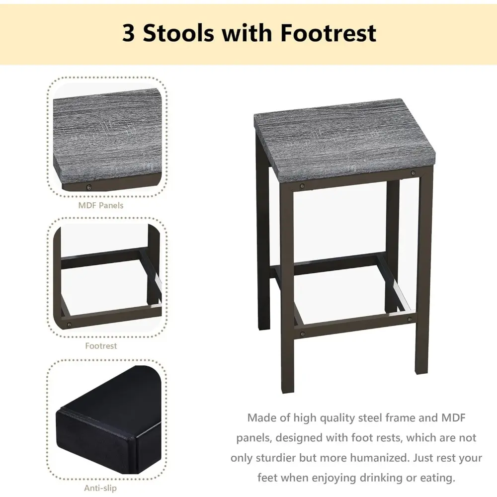 Modern Design 4-Piece Counter Height Extra Long Dining Table Set with 3 Stools and Side Table with Footrest,Space-Saving Pub Ki