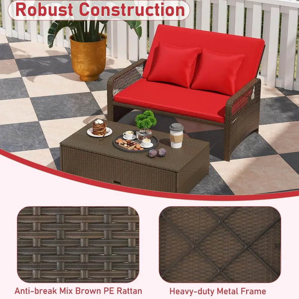 Wicker Patio Outdoor Daybed - Rattan Sunbed Loveseat Sofa Set w/4-Level Adjustable Back, Cushions & Pillows, Storage Ottoman, 2
