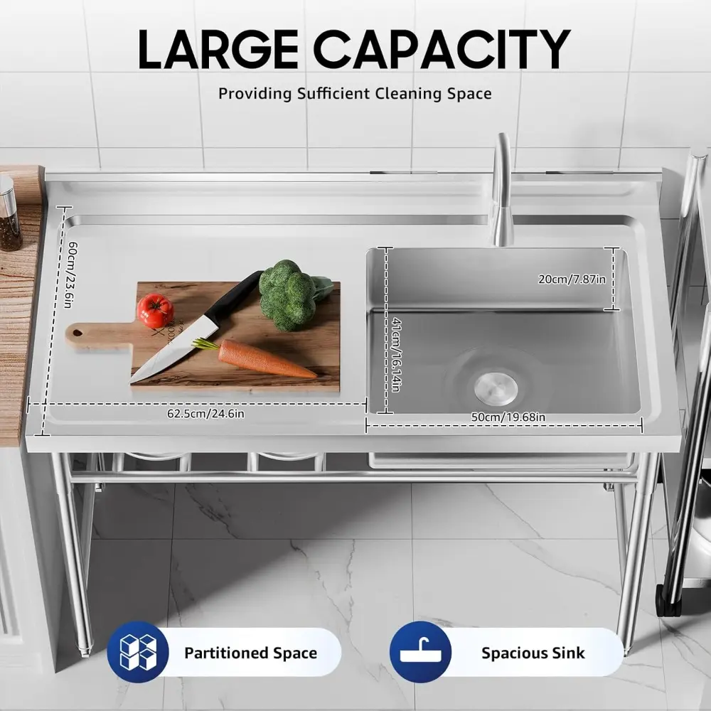 Stainless Steel Freestanding Kitchen Sink, 49 * 12 * 25in Kitchen Commercial Sink with 1 Compartment & 360° Rotating Faucet, Sin