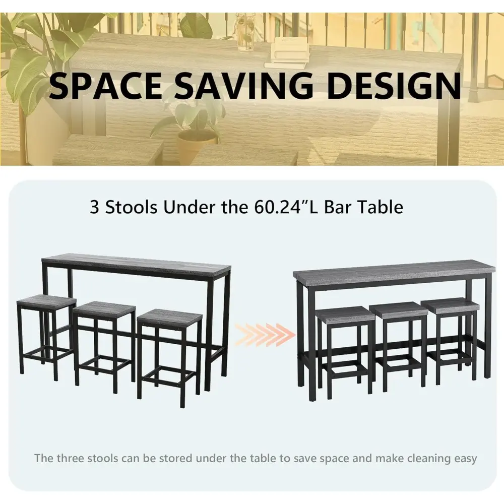 Modern Design 4-Piece Counter Height Extra Long Dining Table Set with 3 Stools and Side Table with Footrest,Space-Saving Pub Ki