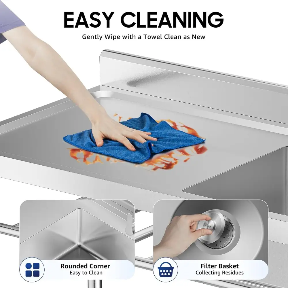Stainless Steel Freestanding Kitchen Sink, 49 * 12 * 25in Kitchen Commercial Sink with 1 Compartment & 360° Rotating Faucet, Sin