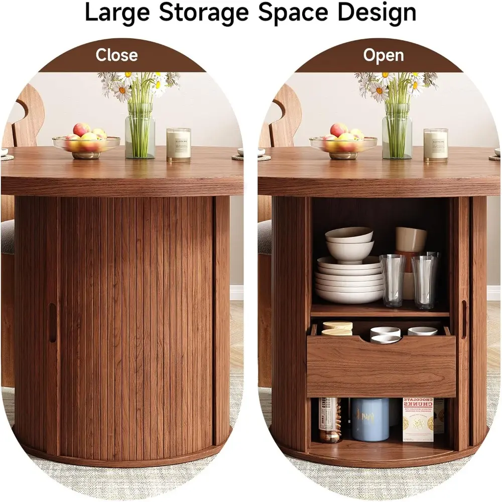 47 inch Round Dining Table for 4, Circle Kitchen Table with 2-Layer Storage Shelf and a Drawer, Modern Farmhouse Dinner Tables w