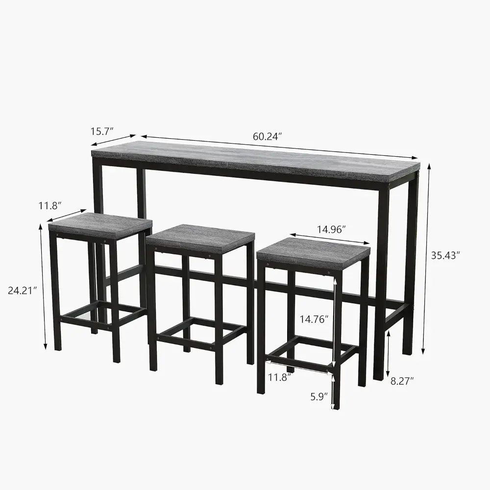 Modern Design 4-Piece Counter Height Extra Long Dining Table Set with 3 Stools and Side Table with Footrest,Space-Saving Pub Ki