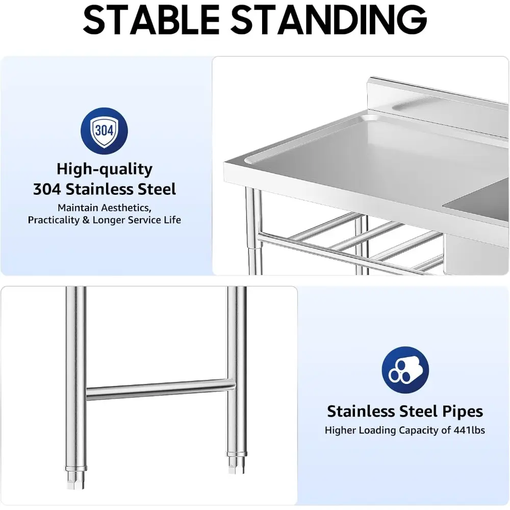 Stainless Steel Freestanding Kitchen Sink, 49 * 12 * 25in Kitchen Commercial Sink with 1 Compartment & 360° Rotating Faucet, Sin