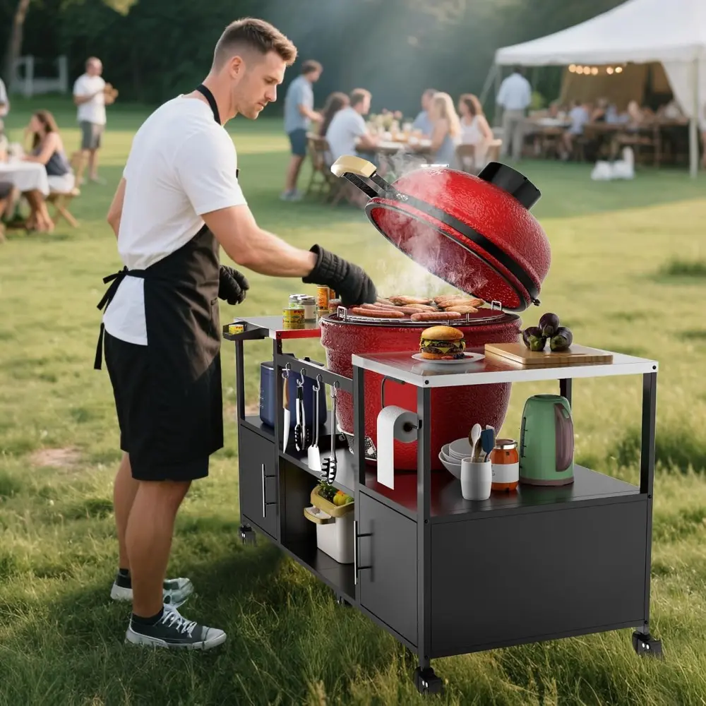 67" L Outdoor Grill Table for Big Green Egg, Heavy Duty Egg Grill Station Prep Table with Storage, Multifunctional Metal Grill C