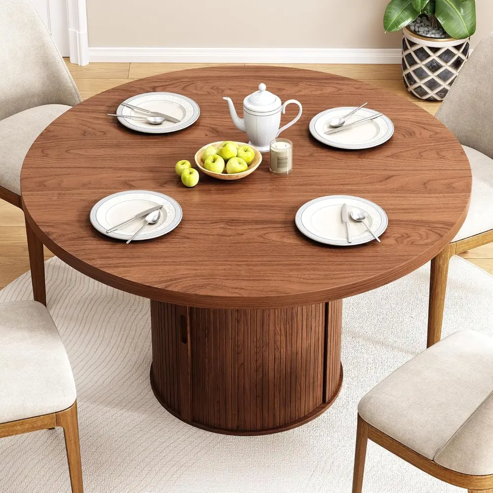 47 inch Round Dining Table for 4, Circle Kitchen Table with 2-Layer Storage Shelf and a Drawer, Modern Farmhouse Dinner Tables w