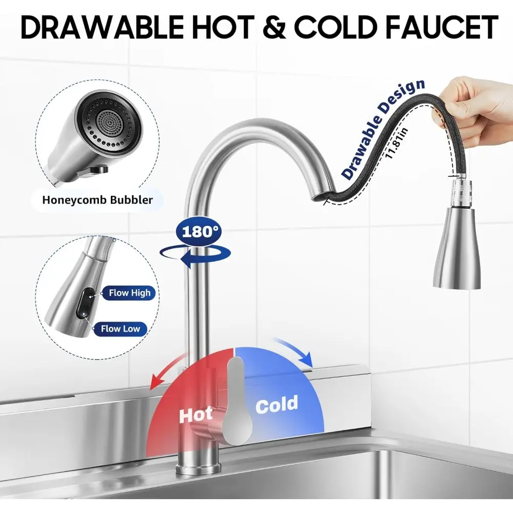 Stainless Steel Freestanding Kitchen Sink, 49 * 12 * 25in Kitchen Commercial Sink with 1 Compartment & 360° Rotating Faucet, Sin