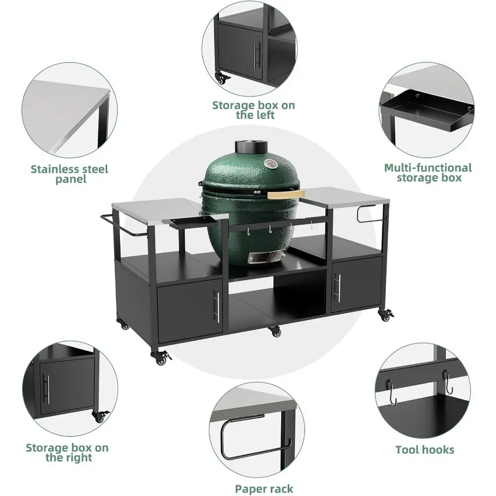 67" L Outdoor Grill Table for Big Green Egg, Heavy Duty Egg Grill Station Prep Table with Storage, Multifunctional Metal Grill C
