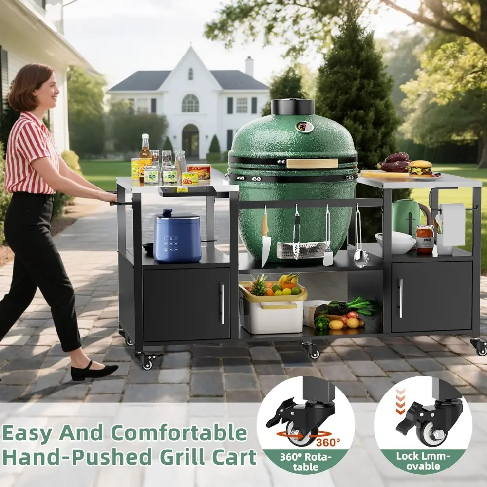 67" L Outdoor Grill Table for Big Green Egg, Heavy Duty Egg Grill Station Prep Table with Storage, Multifunctional Metal Grill C