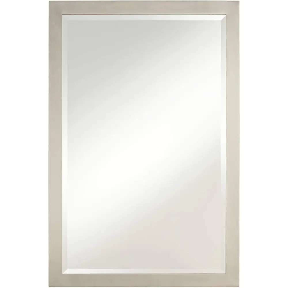 Metzeo Rectangular Vanity Decorative Wall Mirror Modern Brushed Nickel Silver Metal Frame Beveled Glass 33" Wide for Bathroom B