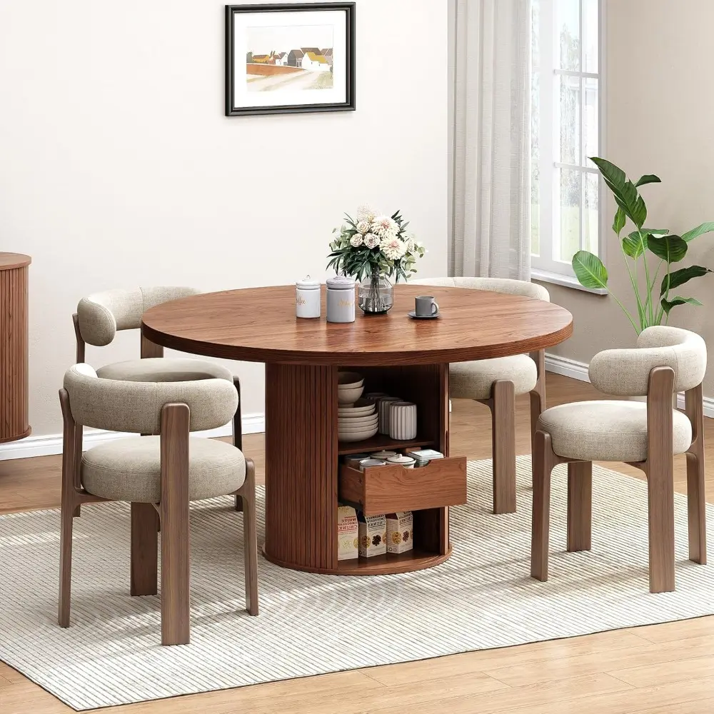 47 inch Round Dining Table for 4, Circle Kitchen Table with 2-Layer Storage Shelf and a Drawer, Modern Farmhouse Dinner Tables w