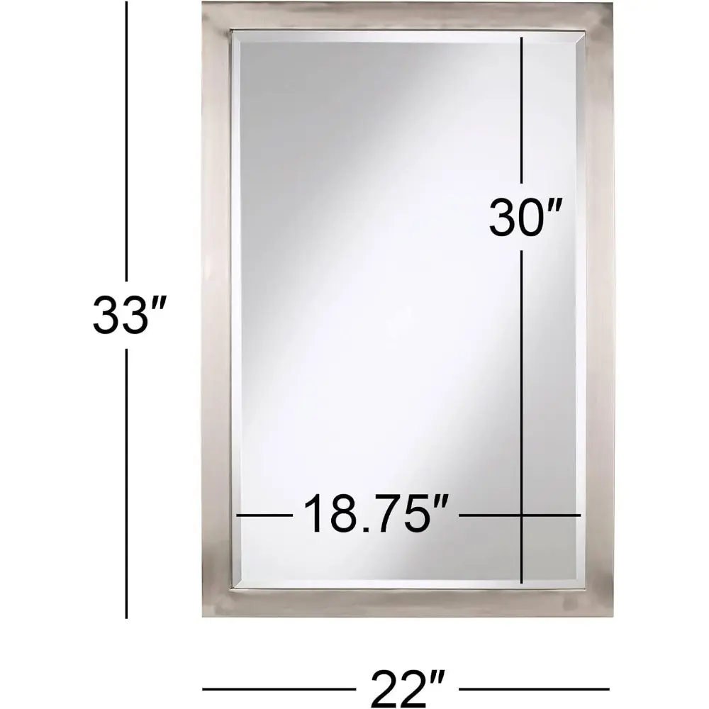 Metzeo Rectangular Vanity Decorative Wall Mirror Modern Brushed Nickel Silver Metal Frame Beveled Glass 33" Wide for Bathroom B