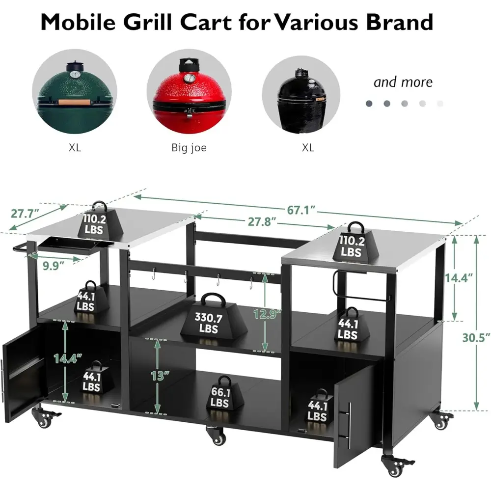 67" L Outdoor Grill Table for Big Green Egg, Heavy Duty Egg Grill Station Prep Table with Storage, Multifunctional Metal Grill C