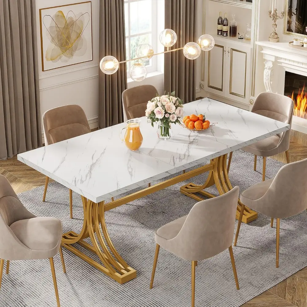 63-Inch Rectangular Dining Table for 4 to 6, Modern Kitchen Table with Stylish Metal Trestle Legs, Large Dinner Table for Dinin