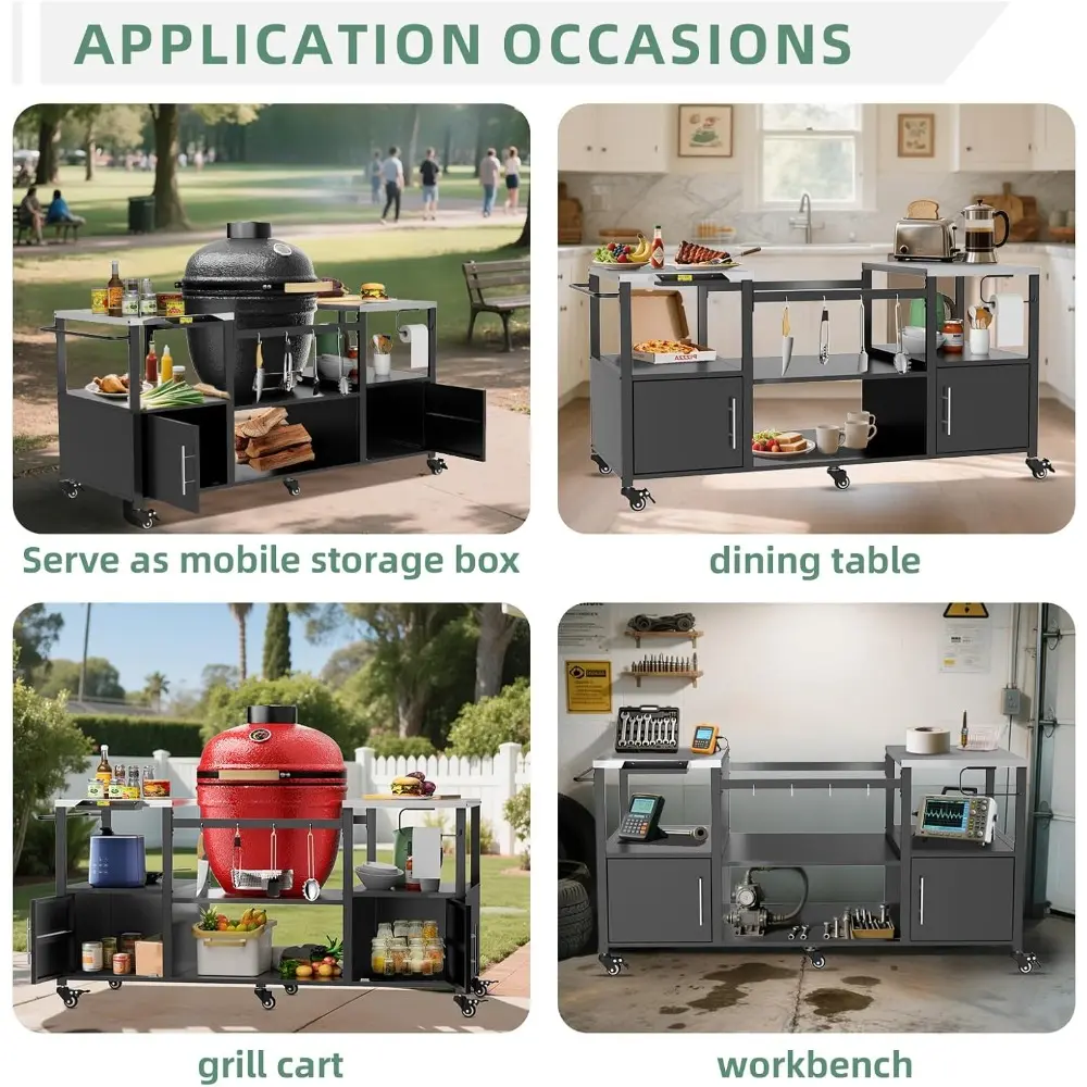 67" L Outdoor Grill Table for Big Green Egg, Heavy Duty Egg Grill Station Prep Table with Storage, Multifunctional Metal Grill C