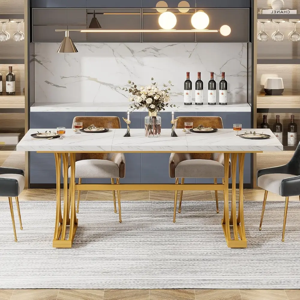 63-Inch Rectangular Dining Table for 4 to 6, Modern Kitchen Table with Stylish Metal Trestle Legs, Large Dinner Table for Dinin