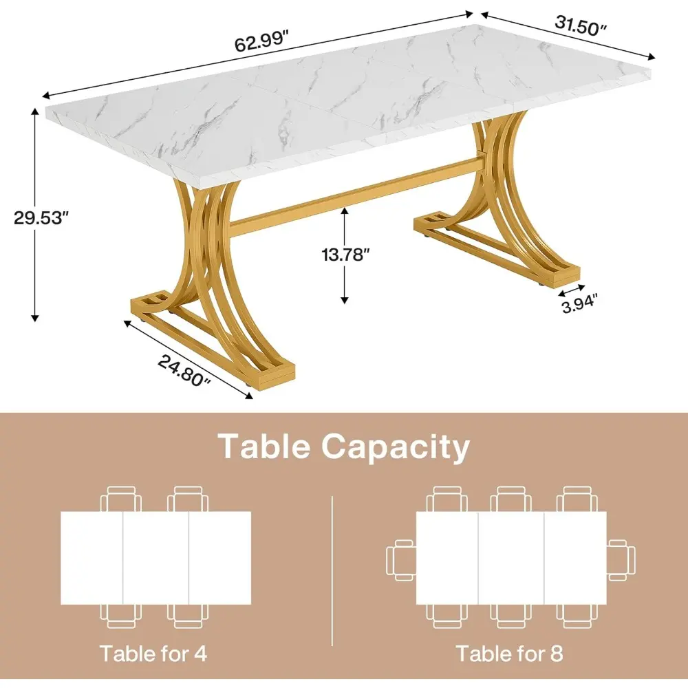 63-Inch Rectangular Dining Table for 4 to 6, Modern Kitchen Table with Stylish Metal Trestle Legs, Large Dinner Table for Dinin