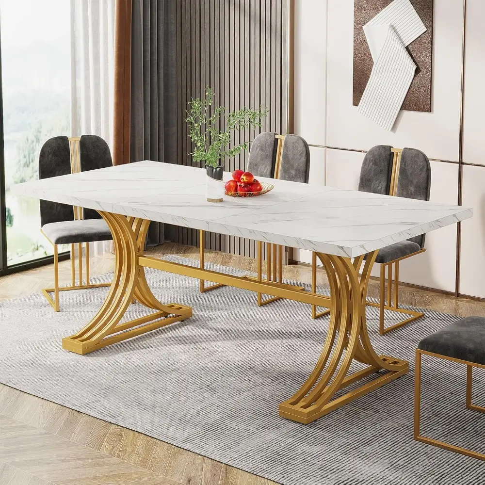 63-Inch Rectangular Dining Table for 4 to 6, Modern Kitchen Table with Stylish Metal Trestle Legs, Large Dinner Table for Dinin