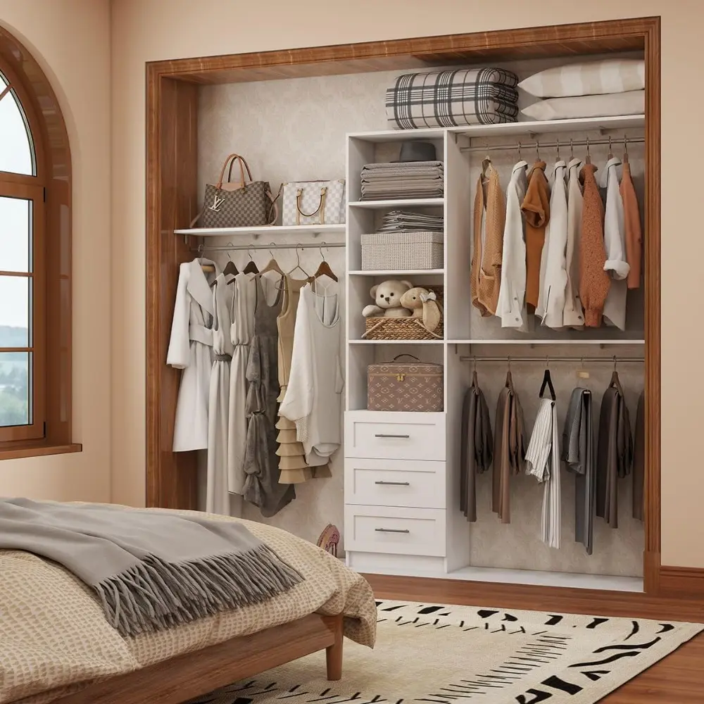 Dilando Closet Organizer System with Drawers, 8FT Closet Shelving System 96" Walk in Wood Corner Closet Storage System with 3 Sh