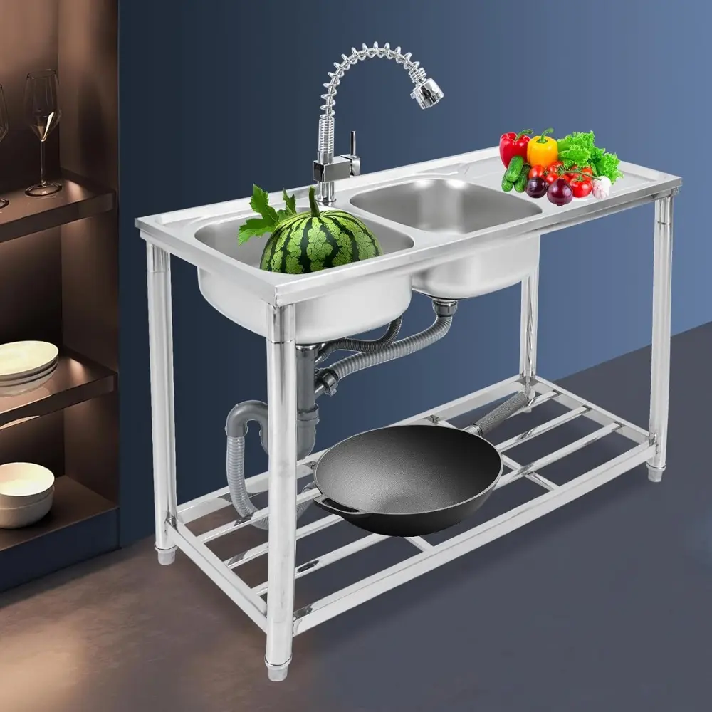 Commercial Freestanding Sink with 2 Compartments Stainless Steel Restaurant Kitchen Sink w/Faucet & Drainboard, Prep & Utility D