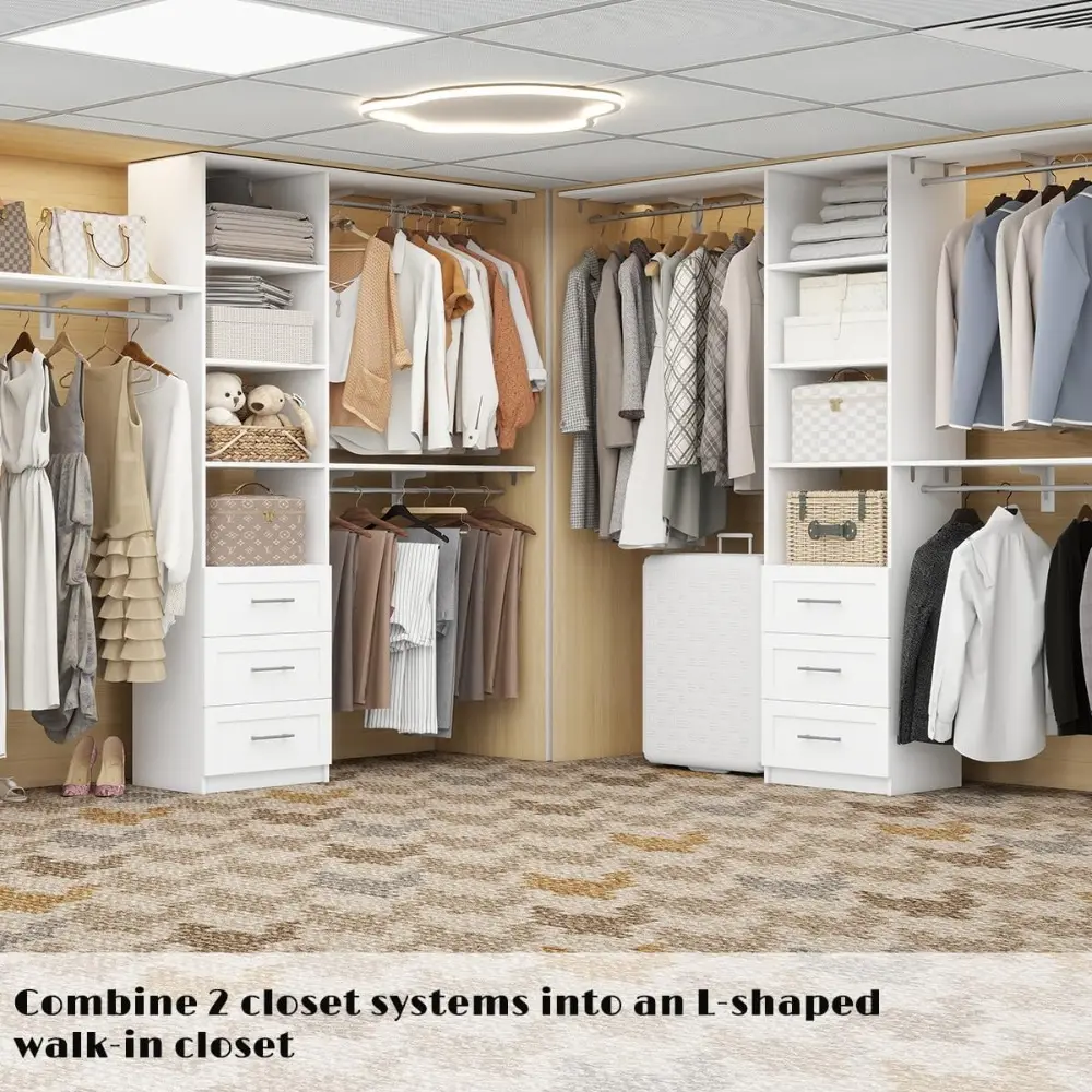Dilando Closet Organizer System with Drawers, 8FT Closet Shelving System 96" Walk in Wood Corner Closet Storage System with 3 Sh
