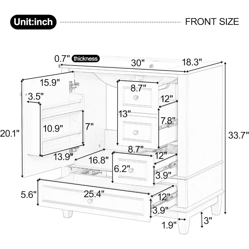 30" Bathroom Vanities Cabinet with Ceramic Sink Set Combo, Multi-Functional Storage Organizer Door Shelf, Three Drawers, Soft-Cl