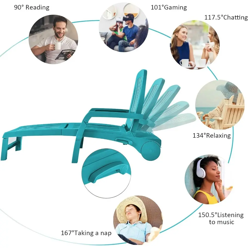 Outdoor Patio Rolling Lounge Chair Chaise Lounge Lounger Sunbathing Bed Reclining Chair 6 Adjustable Backrest Positions Lightwei