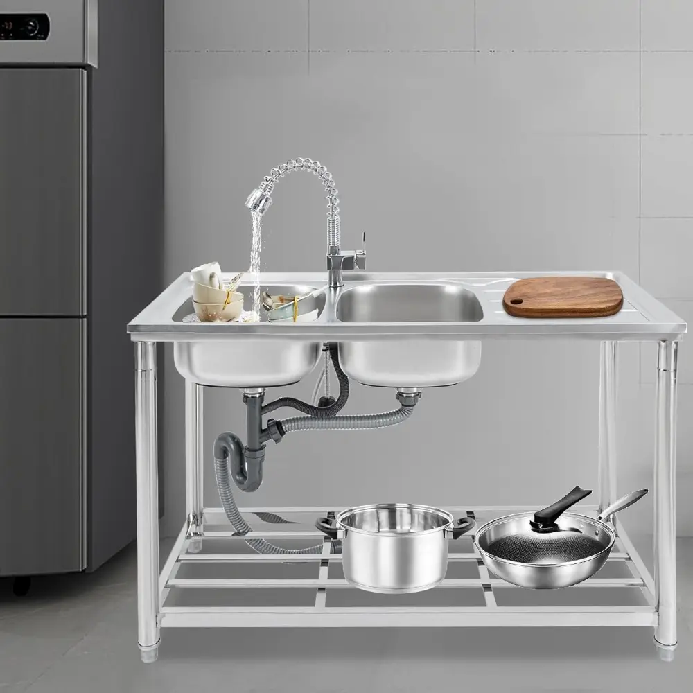 Commercial Freestanding Sink with 2 Compartments Stainless Steel Restaurant Kitchen Sink w/Faucet & Drainboard, Prep & Utility D