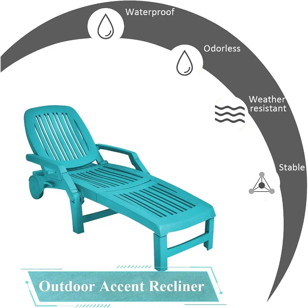 Outdoor Patio Rolling Lounge Chair Chaise Lounge Lounger Sunbathing Bed Reclining Chair 6 Adjustable Backrest Positions Lightwei