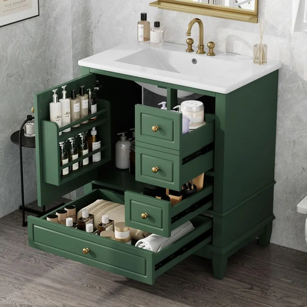30" Bathroom Vanities Cabinet with Ceramic Sink Set Combo, Multi-Functional Storage Organizer Door Shelf, Three Drawers, Soft-Cl